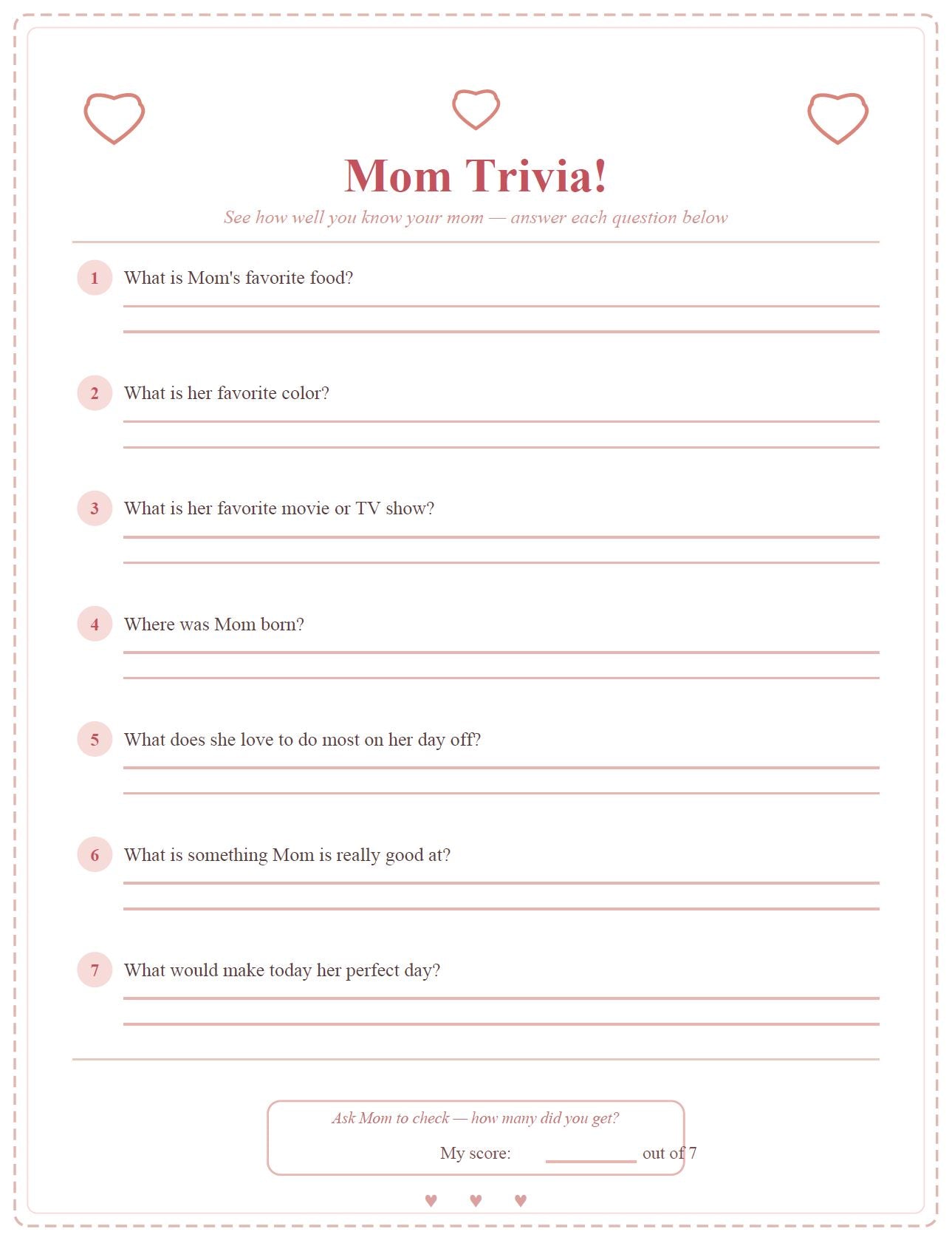 Mom Trivia Quiz — Printable Mother's Day Activity for Kids | Instant Download