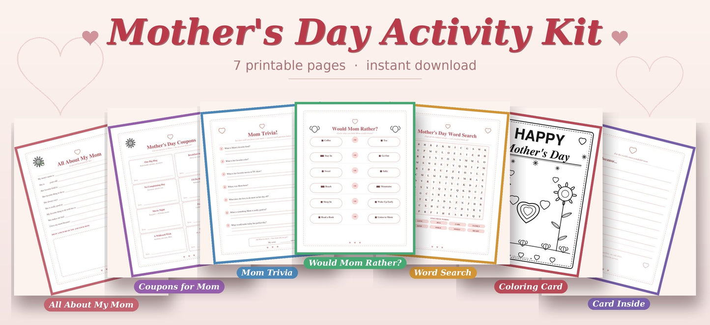 Mother's Day Activity Kit for Kids — 7 Printable Pages | Instant Download